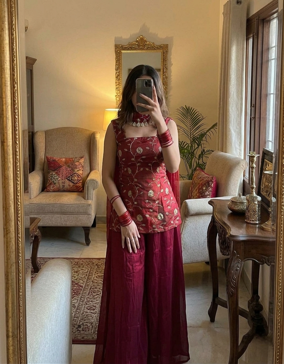AMODINI Deep Red Kurti Set