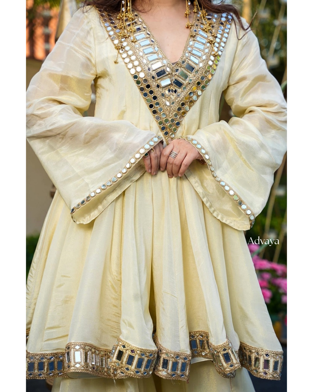 ANVAYA Ivory Mirror Work Sharara Set