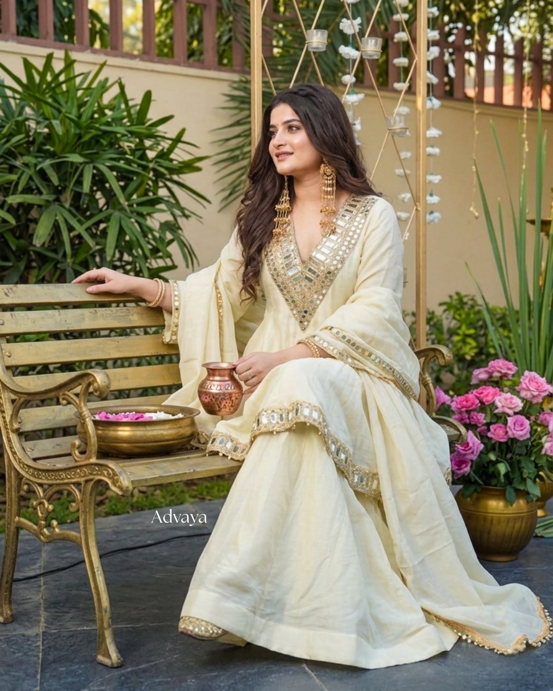 ANVAYA Ivory Mirror Work Sharara Set