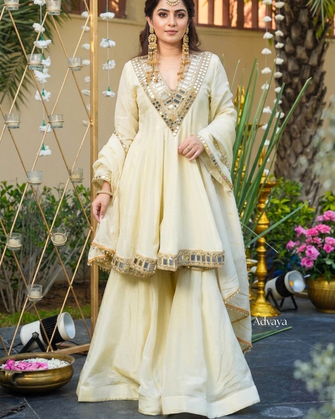 ANVAYA Ivory Mirror Work Sharara Set