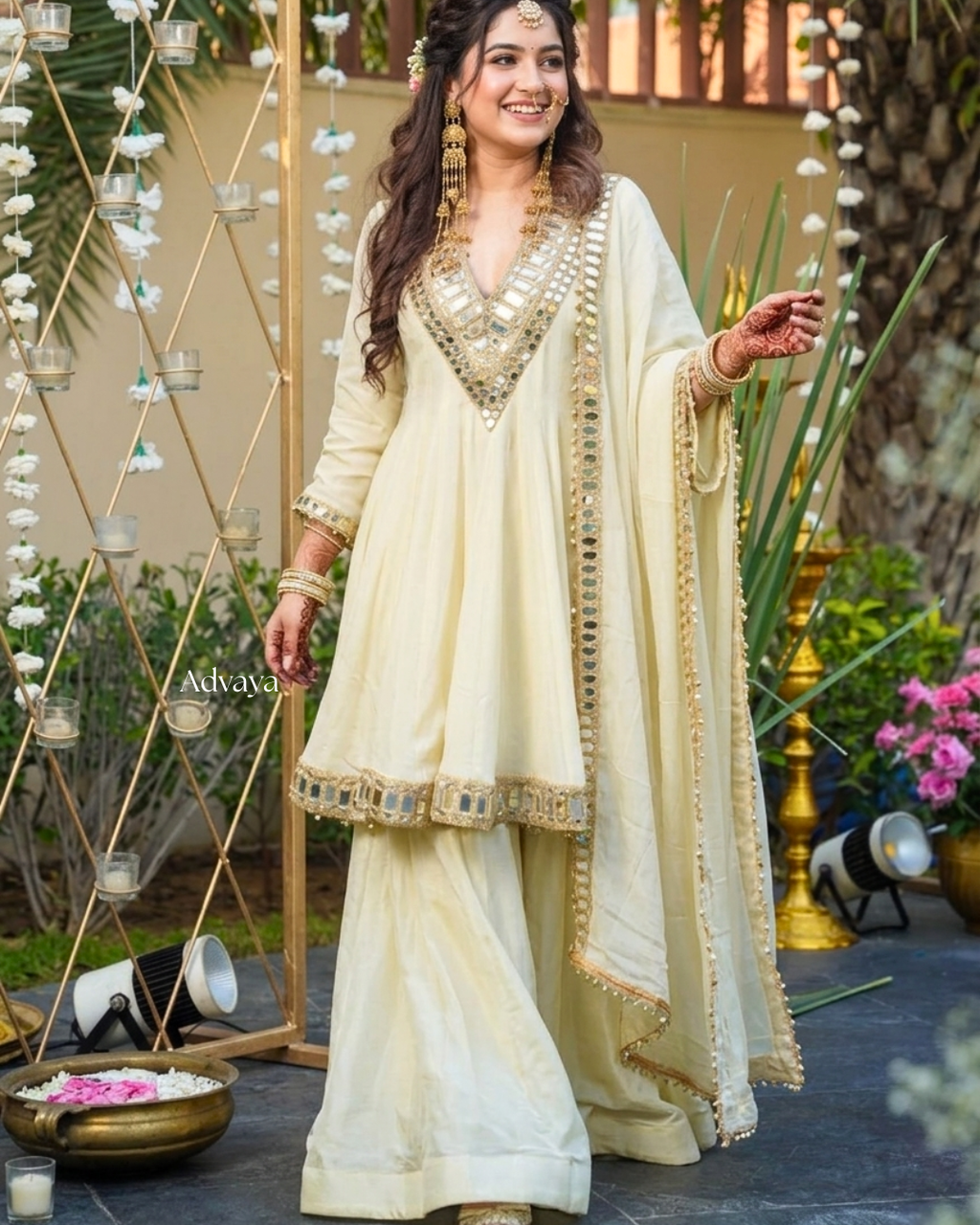 ANVAYA Ivory Mirror Work Sharara Set