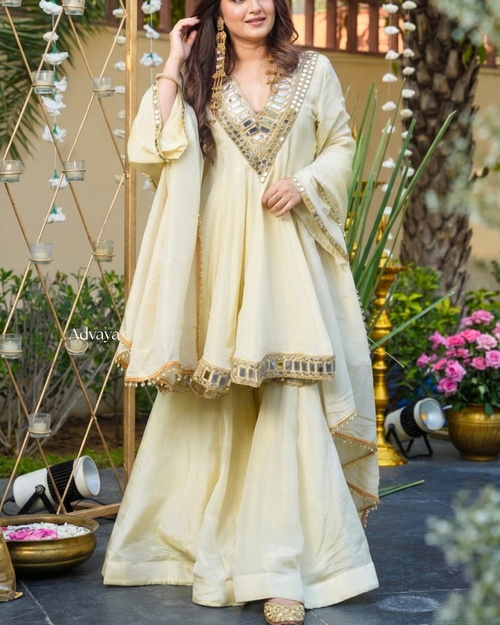 ANVAYA Ivory Mirror Work Sharara Set